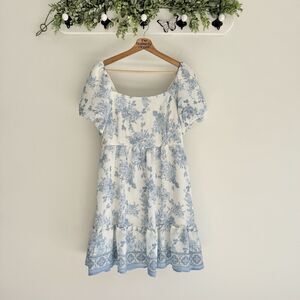 Blu Pepper Marie Blue Flor Dress Puff Sleeve Square Neck Romantic Whimsical